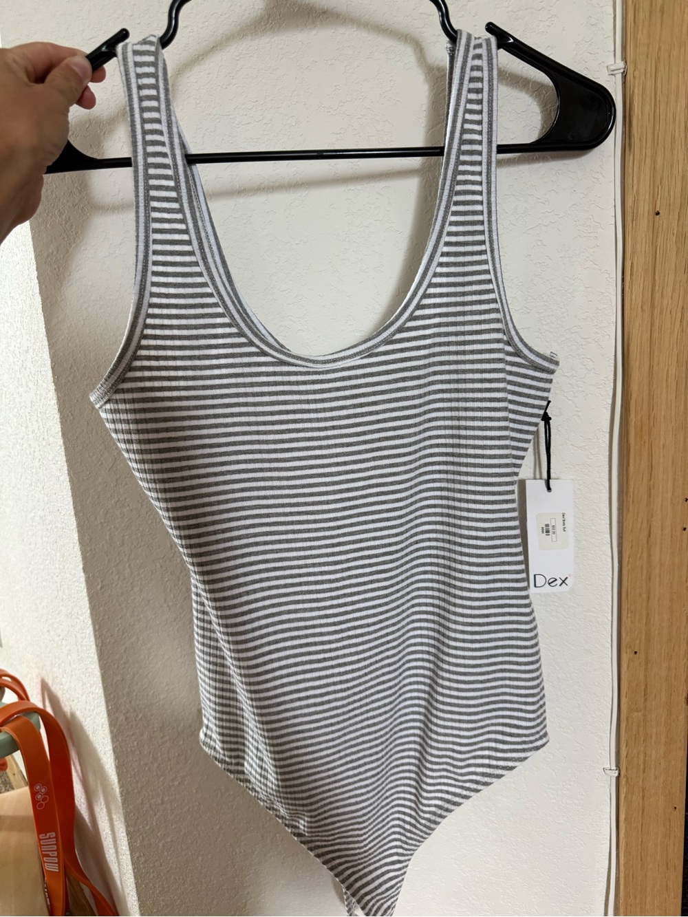 Dex White and Gray Striped Scoop Neck Tank Bodysuit